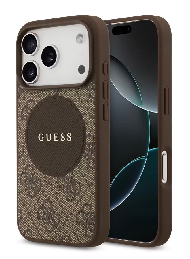 Guess MagSafe 4G PU Leather Case with Round Patch & Classic Logo for iPhone 17 Pro - Brown - Image 1